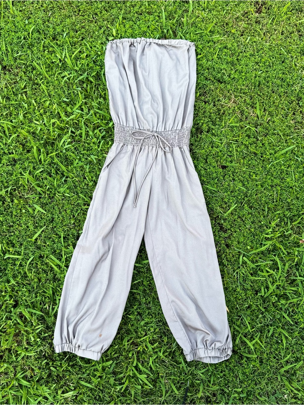 Body Central Light Gray Strapless Smocked-Waist Jumpsuit - Picture 2 of 10